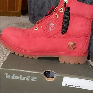 Timberland Red Boots with Gold Accents
